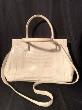 Cream Leather Croc-Embossed Style Bag Top Handle Crossbody Purse